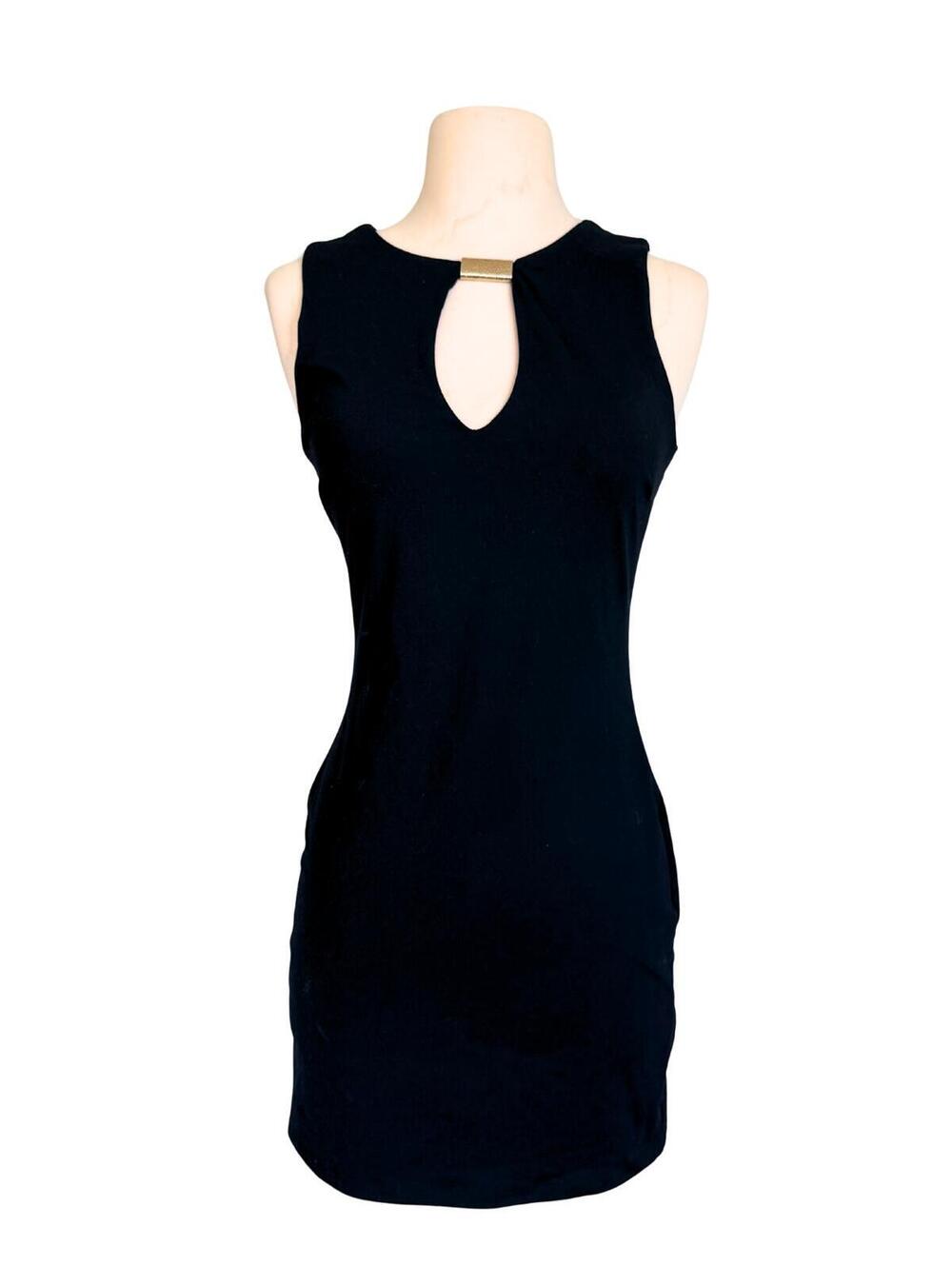 Bebe Black Bodycon Mini Dress Gold Hardware Keyhole Neck Made in USA Size S
